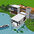 Modern Detached Villa with Waterfront Reflection Small Boat and Lush Greenery 3d model