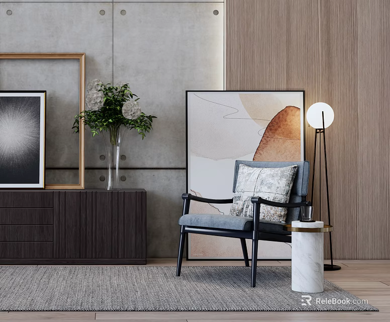 Modern Single Sofa Interior Design With Decorative Painting Floor Lamp And Marble Side Table 3d model 