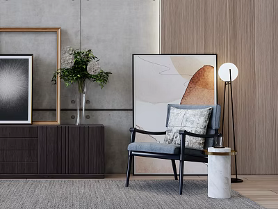 Modern Single Sofa Interior Design With Decorative Painting Floor Lamp And Marble Side Table 3d model