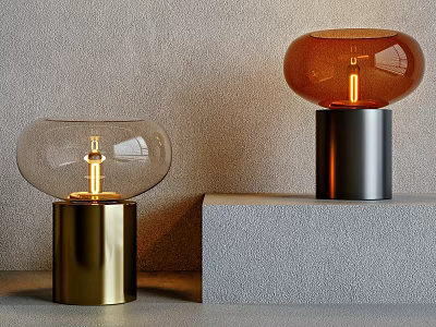 Two Modern Table Lamps with Gold and Black Bases and Glass Globular Shades Lit Bulbs 3d model