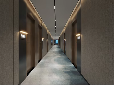 Modern Hotel Corridor With Carpeted Floor Linear Lights And Wall Panels 3d model