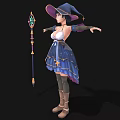 Fantasy Woman Character in Blue Star Patterned Dress with Hat and Magical Staff