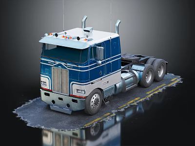 Vintage Blue And White Heavy Duty Truck With Cab And Exhaust Pipes On Road Surface 3d model