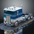 Vintage Blue And White Heavy Duty Truck With Cab And Exhaust Pipes On Road Surface