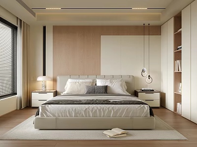 Modern Bedroom Interior With Upholstered Bed Wooden Panel Walls Area Rug And Pendant Lights 3d model