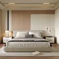 Modern Bedroom Interior With Upholstered Bed Wooden Panel Walls Area Rug And Pendant Lights