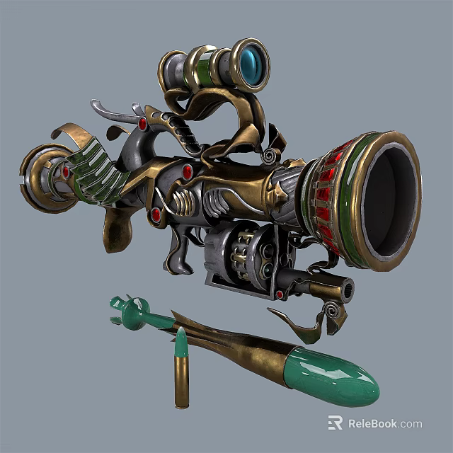 Steampunk Weapon With Intricate Mechanical Structure Metallic Green Gold Accents 3d model 