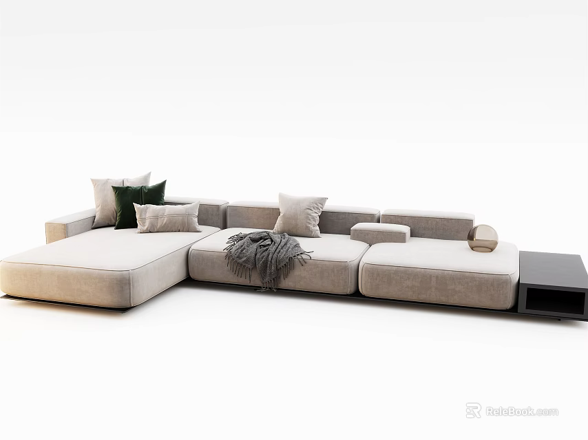 Modern L Shaped Beige Fabric Sectional Sofa With Throw Pillows And Blanket 3d model
