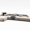 Modern L Shaped Beige Fabric Sectional Sofa With Throw Pillows And Blanket 3d model