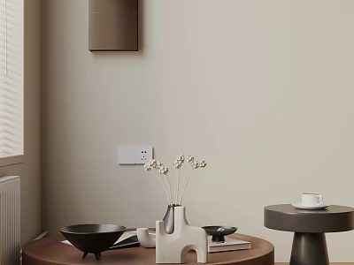 Sofa and Coffee Table Set with Round Table White Vase Dried Flowers and Beige Wall 3d model