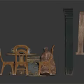 Architectural Interior Featuring Black Tall Cabinet Carved Chest Bronze Vase And Wooden Table Chairs