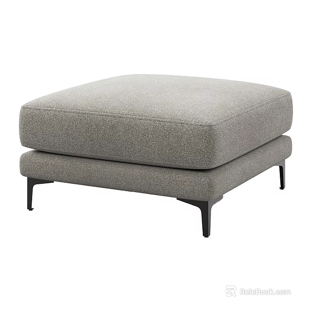 Modern Light Gray Textured Fabric Upholstered Square Stool With Sleek Black Metal Legs For Living Room 3d model 