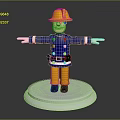 Firefighter Sculpture With Yellow Helmet Blue Uniform Yellow Pants Silver Base Arms Outstretched