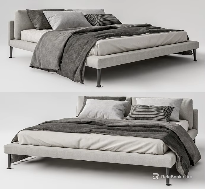 Modern Double Bed with Light Gray Upholstered Frame and Gray Blanket Pillows 3d model