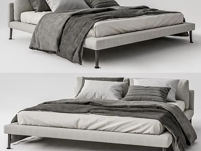 Modern Double Bed with Light Gray Upholstered Frame and Gray Blanket Pillows 3d model