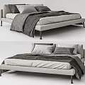 Modern Double Bed with Light Gray Upholstered Frame and Gray Blanket Pillows 3d model