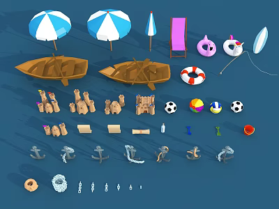 Wooden Boats On Beach With Umbrellas Lifesavers Surfboards Sandcastles And Soccer Balls 3d model