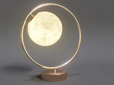 Modern Table Lamp with Circular Golden Frame and Moon Shaped Illuminated Globe on Brown Base 3d model