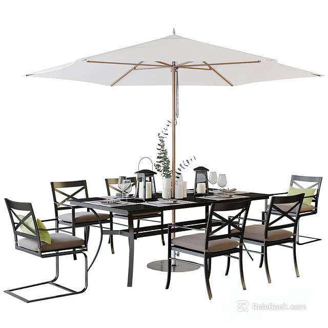 Outdoor Black Table and Cross back Chairs Set with Umbrella and Tableware 3d model