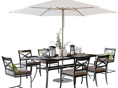 Outdoor Black Table and Cross back Chairs Set with Umbrella and Tableware 3d model