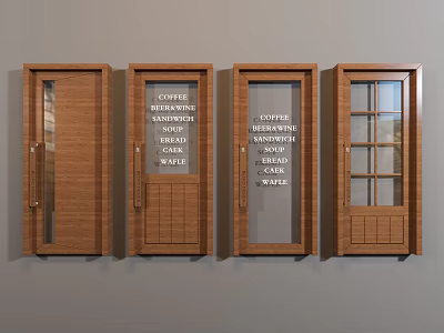 Wooden Doors Showcasing Various Designs Glass Panels And Menu Text Signage 3d model