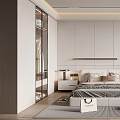 Modern Minimalist Bedroom With Headboard Paneling Bedside Tables Lamps Rug Accent Chair And Gray Curtains