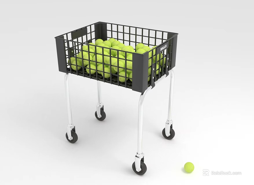 Practical Storage Basket With Wheels Filled With Yellow Balls And A Single Ball Beside 3d model 