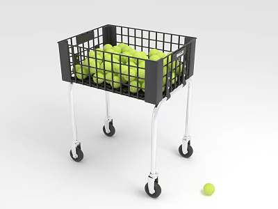 Practical Storage Basket With Wheels Filled With Yellow Balls And A Single Ball Beside 3d model
