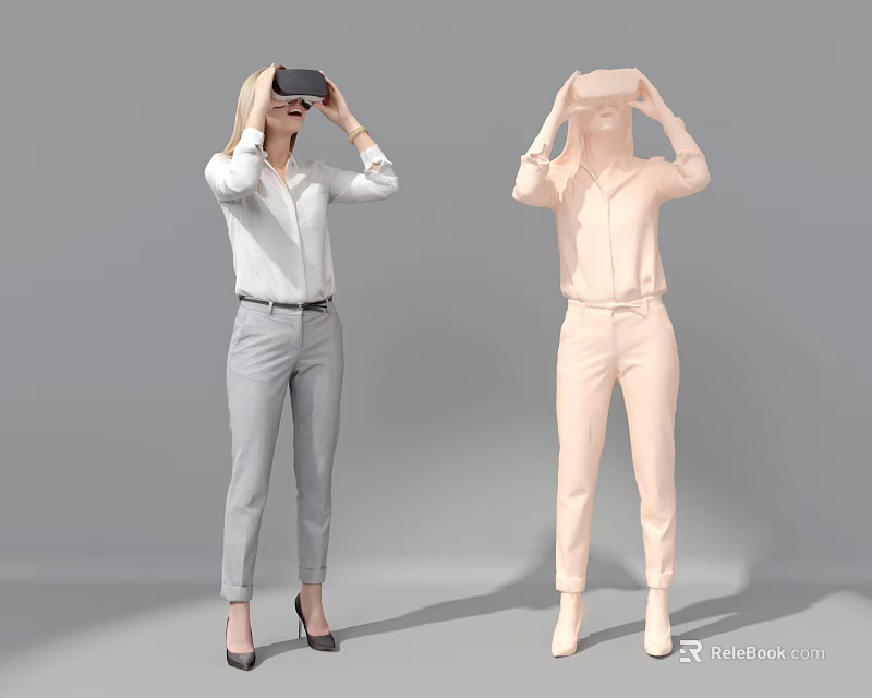 Two Women Wearing VR Headsets in White Shirts and Pants on Gray Background 3d model 