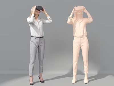 Two Women Wearing VR Headsets in White Shirts and Pants on Gray Background 3d model
