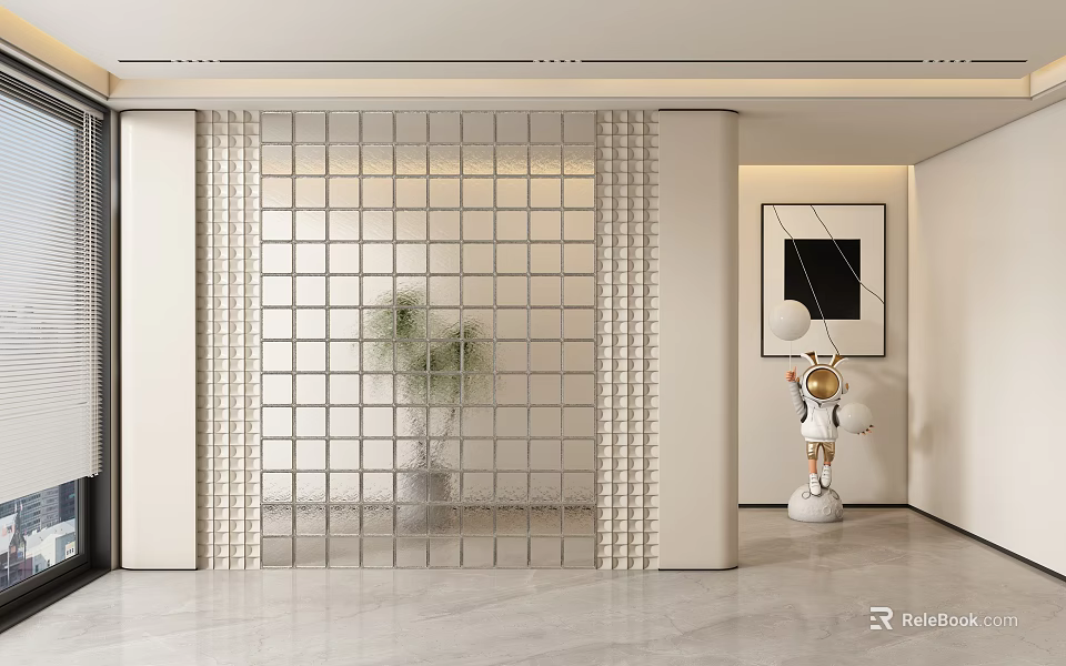 Modern Foyer Hallway With Grid Screen And Art Decor 3d model 