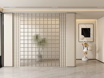 Modern Foyer Hallway With Grid Screen And Art Decor 3d model