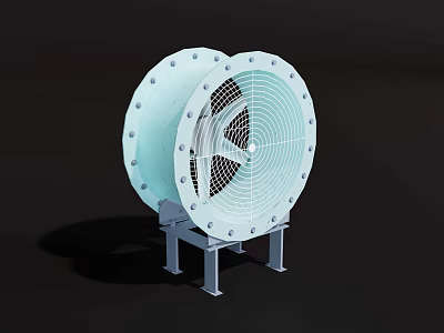 Large Circular Industrial Ventilation Fan with Blue Casing Bolt Fastened Blades and Metal Stand 3d model
