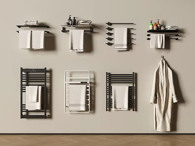 Stylish Modern Bathroom Accessories With Wall Mounted Towel Racks Shelves And Bathrobe 3d model