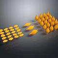 Yellow Petal Shaped Objects In Stepped And Clustered Arrangement On Dark Reflective Surface 3d model