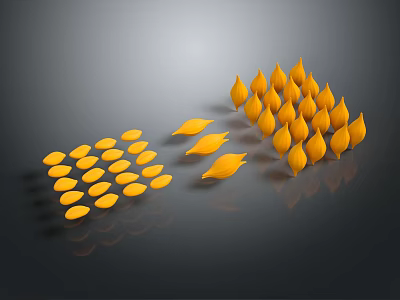 Yellow Petal Shaped Objects In Stepped And Clustered Arrangement On Dark Reflective Surface 3d model
