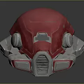 Futuristic Red Mechanical Helmet Design With Metallic Details And Circular Gauge