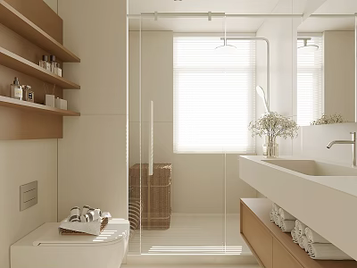 Modern Bathroom Interior With Glass Shower Wooden Shelves And White Vanity 3d model