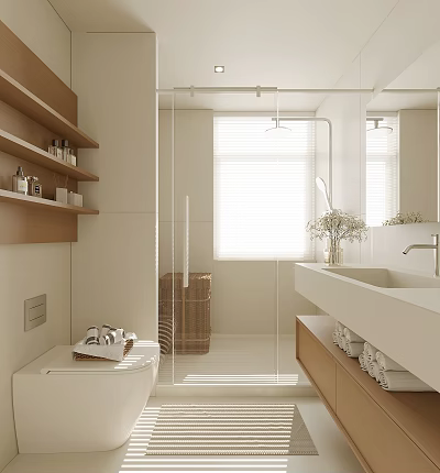 Modern Bathroom Interior With Glass Shower Wooden Shelves And White Vanity 3d model
