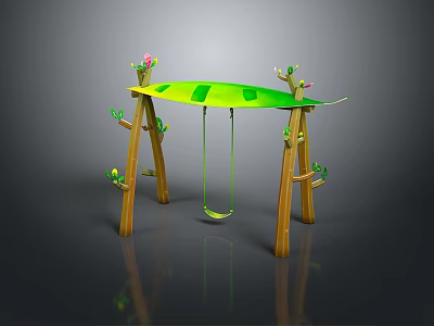Outdoor Wooden Frame Swing With Green Seat Decorative Flowers And Birds 3d model