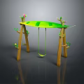 Outdoor Wooden Frame Swing With Green Seat Decorative Flowers And Birds