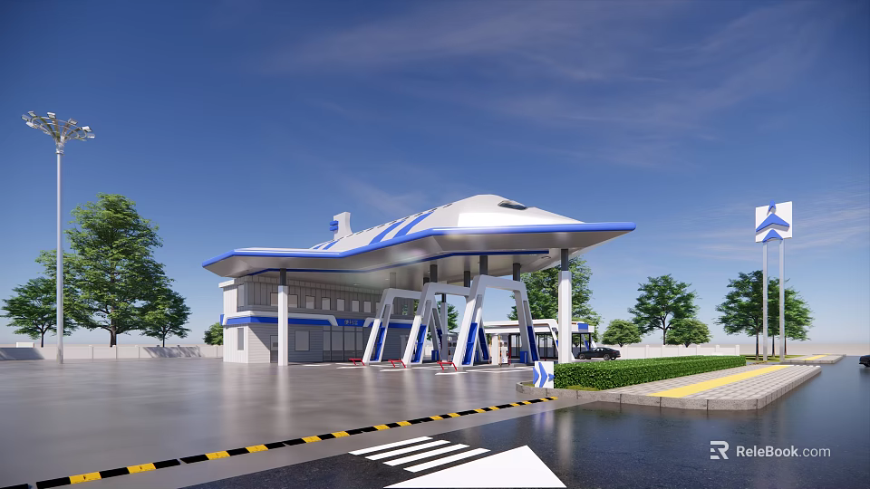 Modern Gas Station Exterior With Blue White Canopy And Fuel Dispensers 3d model 