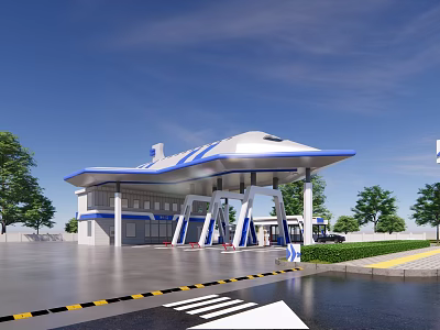 Modern Gas Station Exterior With Blue White Canopy And Fuel Dispensers 3d model