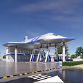 Modern Gas Station Exterior With Blue White Canopy And Fuel Dispensers