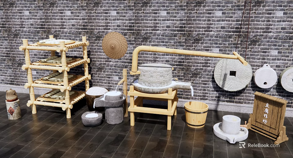 Rural Landscape Traditional Tools Display Featuring Stone Mill Bamboo Shelf and Straw Hat 3d model 