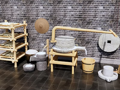 Rural Landscape Traditional Tools Display Featuring Stone Mill Bamboo Shelf and Straw Hat 3d model