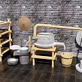 Rural Landscape Traditional Tools Display Featuring Stone Mill Bamboo Shelf and Straw Hat