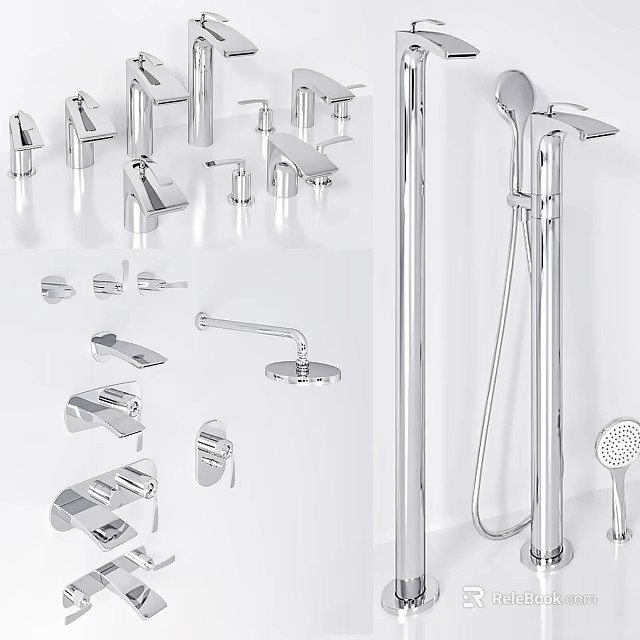 Modern Chrome Bathroom And Kitchen Faucets With Various Types And Shower Accessories 3d model 