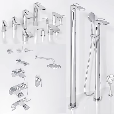 Modern Chrome Bathroom And Kitchen Faucets With Various Types And Shower Accessories 3d model