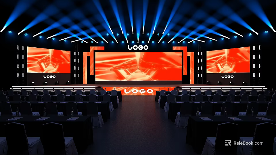 Professional Event Venue With Stage Large Screen Lighting And Arranged Seats 3d model 